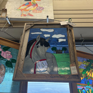 "Down on the Farm" Stained Glass in Vintage Wood Frame by Local Artist Bonita Bell