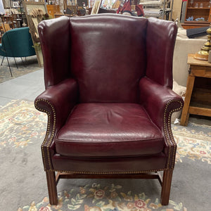Burgundy Leather Wing Back Chair w Brass Nails