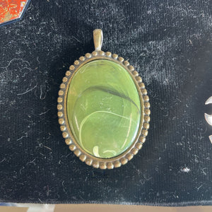Vintage Green Marbled Galalith Pendant set in Scalloped Brass