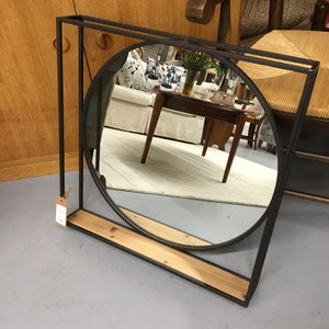 Round Mirror w Square Bleck Metal and Wood Frame