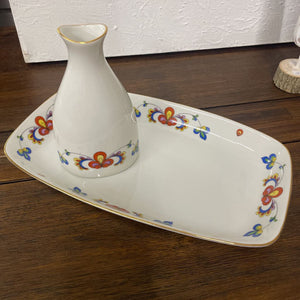 SET of 2 Porsgrund Farmers Rose Porcelain Serving Dish with Sake Bottle