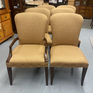 Set of 6 Camel Coloured Upholstered Dining Chairs w Antique Brass Nailhead Trim Line at the Bottom Edge