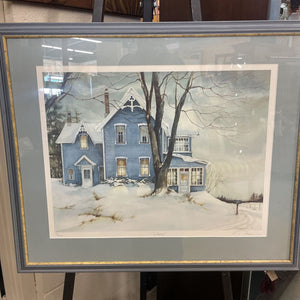 Blue House "Dusk in Winter" Print Signed by Tricia Romance