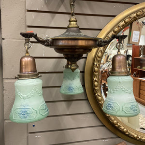 Antique 1920 Brass Pan 3-Arm Chandelier w Frosted Pale Green Shades