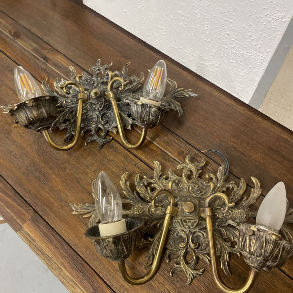 PAIR of Brass Art Deco Duo Light Sconce w Back Plate