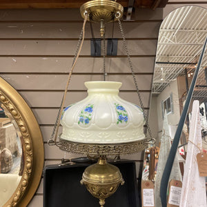 Vintage Brass Hanging Light w Floral Bluebells White Glass