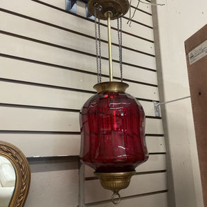 Victorian 1870 Gilt Brass Hanging Lamp w Cranberry Ruby Glass