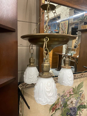 Antique 1920 Brass Pan 3-Arm Chandelier w Frosted White Shades