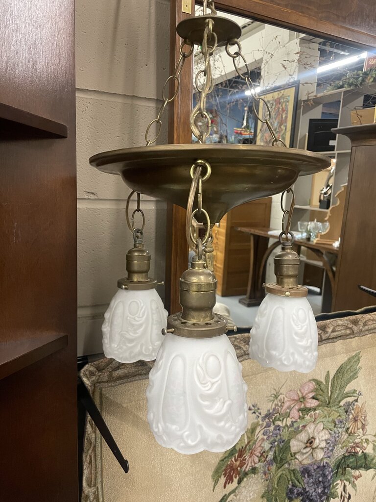 Antique 1920 Brass Pan 3-Arm Chandelier w Frosted White Shades