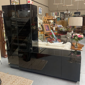 MCM Black Lacquered Cabinet / Entertainment Unit w Light & Glass Doors