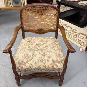 Vintage French Country Louis XV Style Armchair w Cane Back & Bird Patterned Upholstery