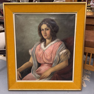 Original Antique Portrait - Girl in Pink Dress, w Yellow Velvet Mat