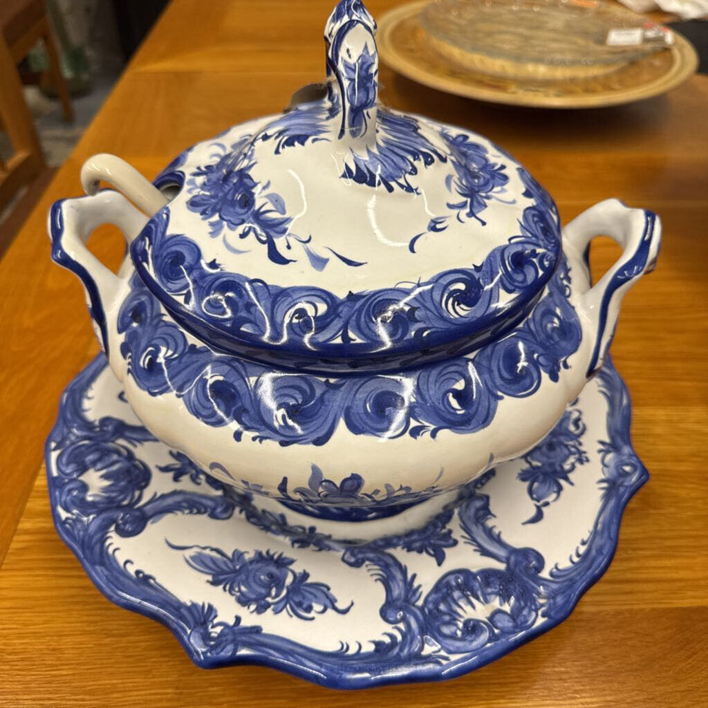 Blue & White Ceramic Soup Tureen w Scalloped Plate, Ladle - Made in Portugal