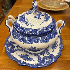 Blue & White Ceramic Soup Tureen w Scalloped Plate, Ladle - Made in Portugal