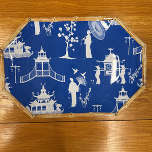 Melamine Blue Asian Inspired Rec. Plate w Bamboo Edge