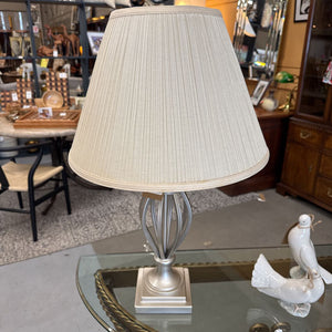 Brushed Nickel Open Cage Table Lamp Base w Cream Pleated Shade