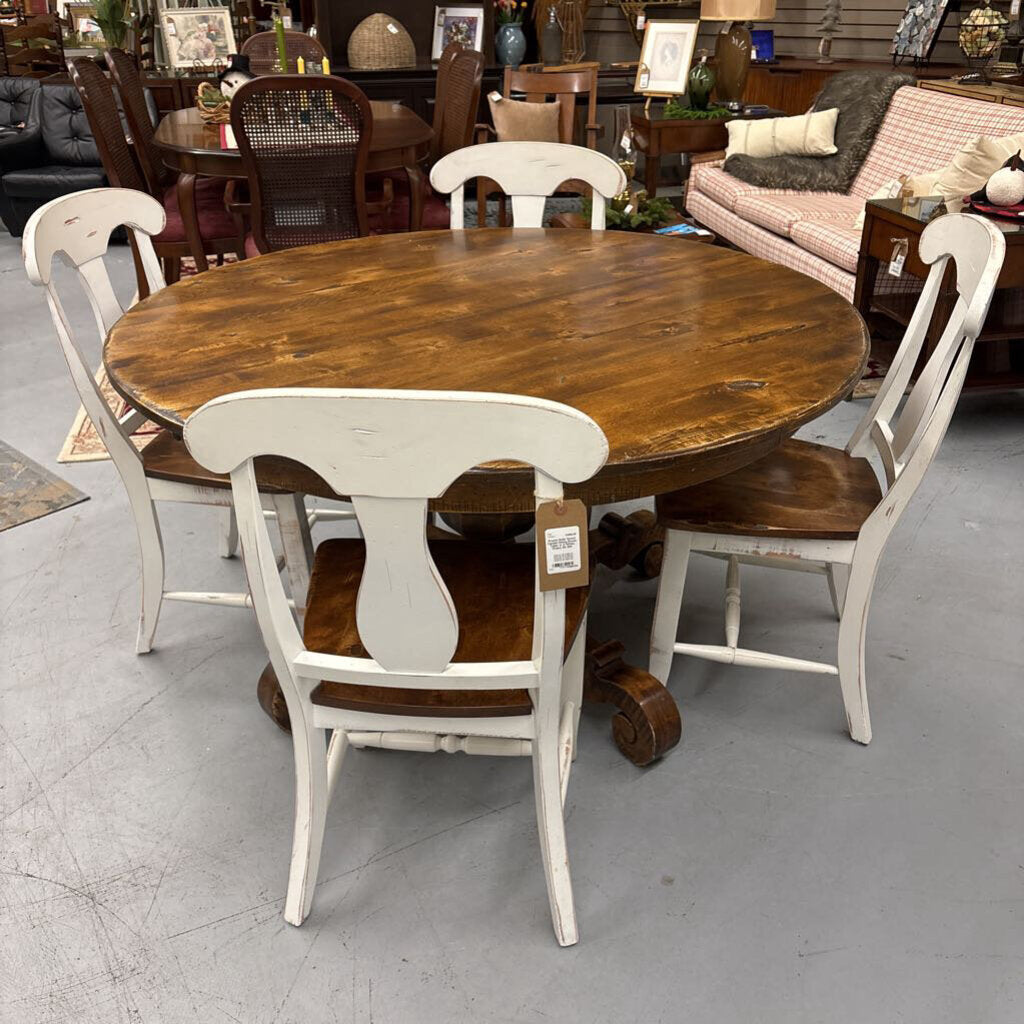Round Solid Wood Candel Dining Room Table w 4 White Chairs