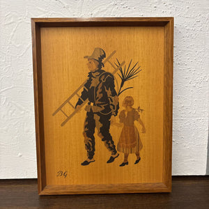 Vintage German Intarsia B&G Wooden Inlay Chimney Sweep & Young Girl Art