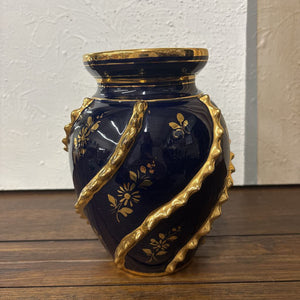 Vintage Italian Cobalt Blue Porcelain Vase w Extensive Gold Decoration