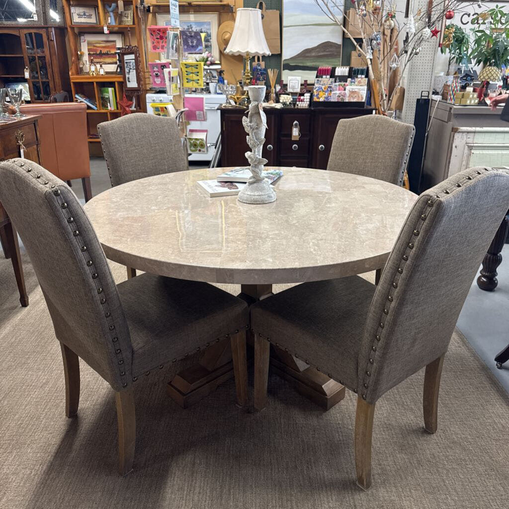ASHLEY FURNITURE - Round Marble Table w 4 Taupe Fabric Chairs