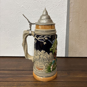 German Stoneware Beer Stein w Hand-Painted Scene and Pewter Lid