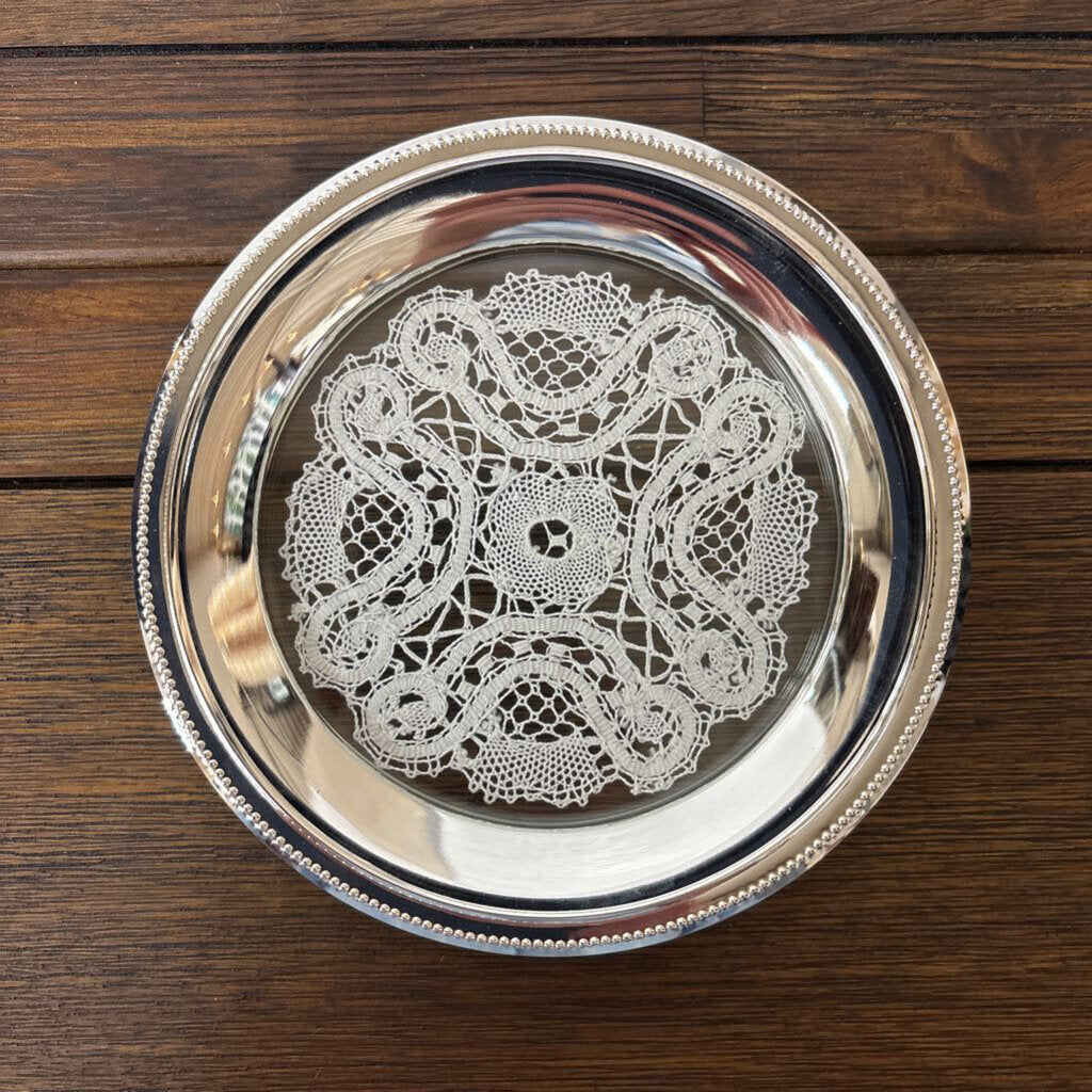 Belgium Handmade Lace Displayed in Silver Platted Wall Display