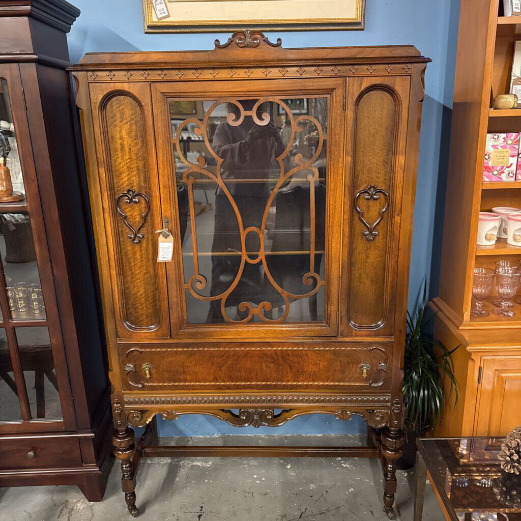 Antique Mahogany Jacobean Style China Cabinet - Glass Front, 1 Drawer