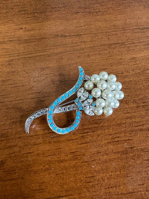 Silver Brooch w Turquoise, Gems, and Pearls