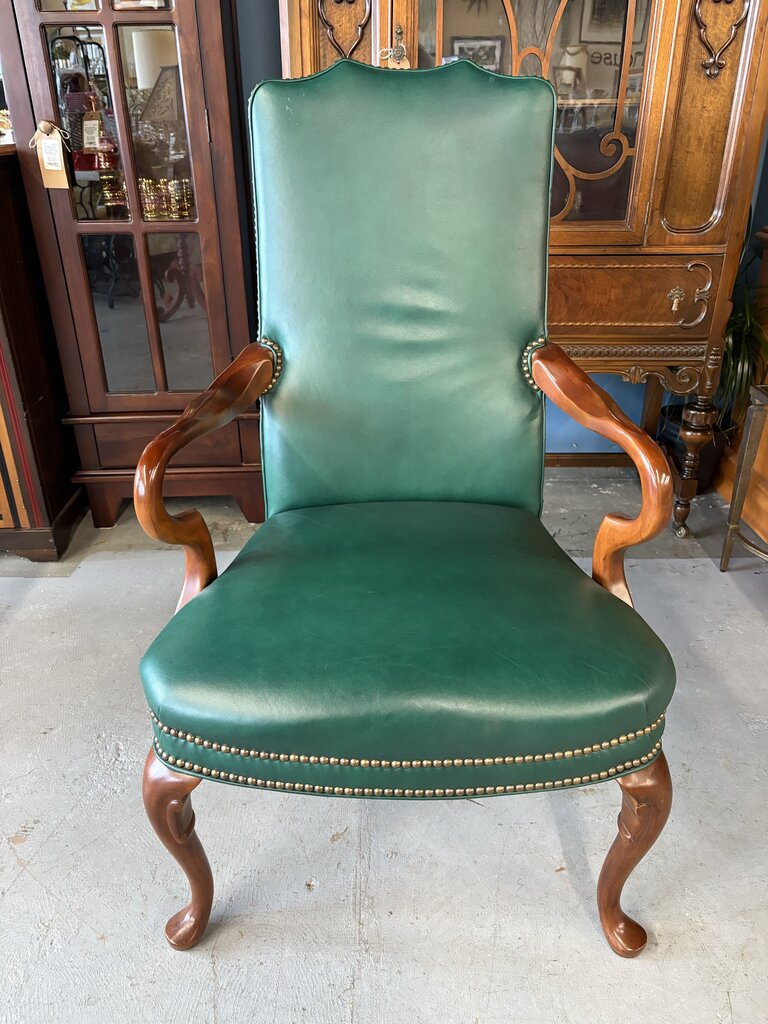 Queen Anne Mahogany & Green Leather Arm Chair w Nail Trim