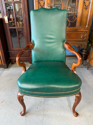 Queen Anne Mahogany & Green Leather Arm Chair w Nail Trim