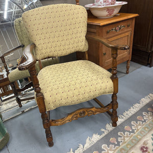 Antique Mahogany Arm Chair w Soft Yellow Fabric