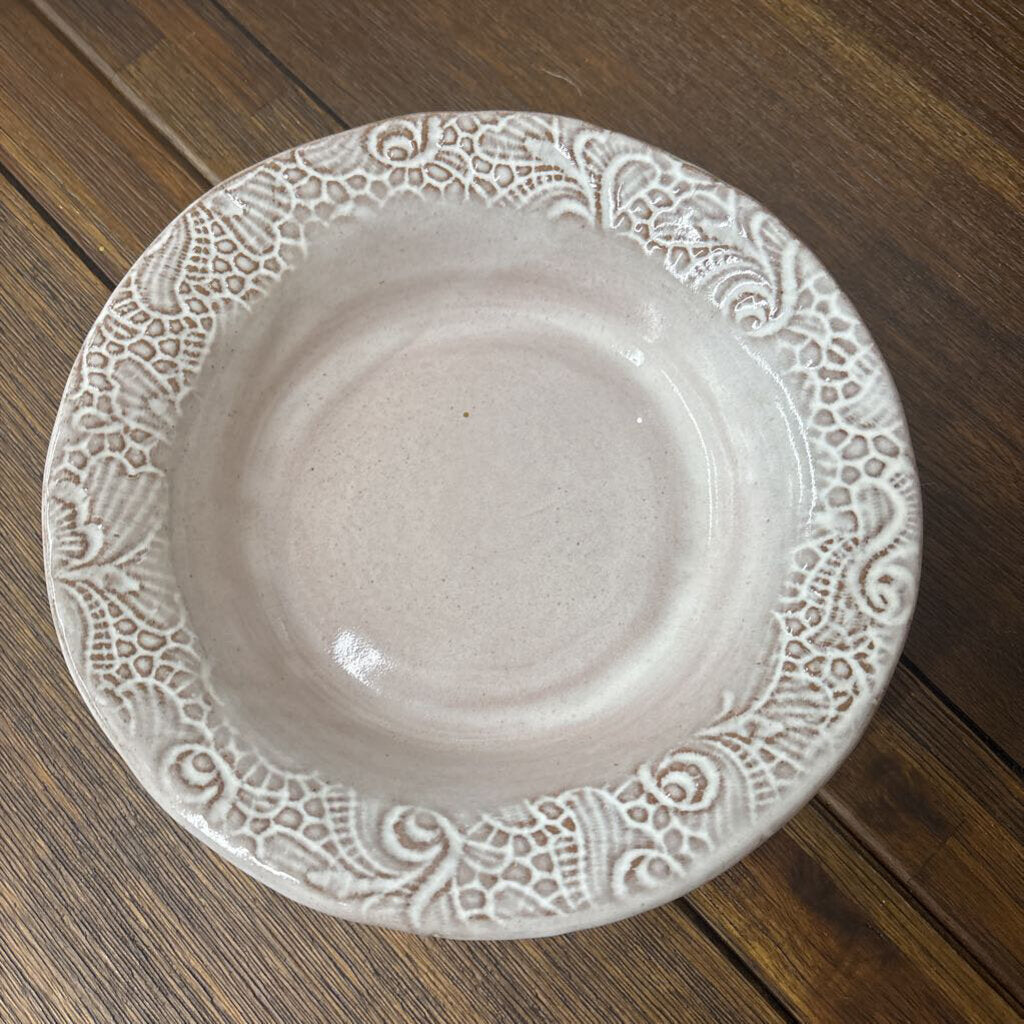 Pottery Grey Low Bowl w Floral Etched Rim - PEI