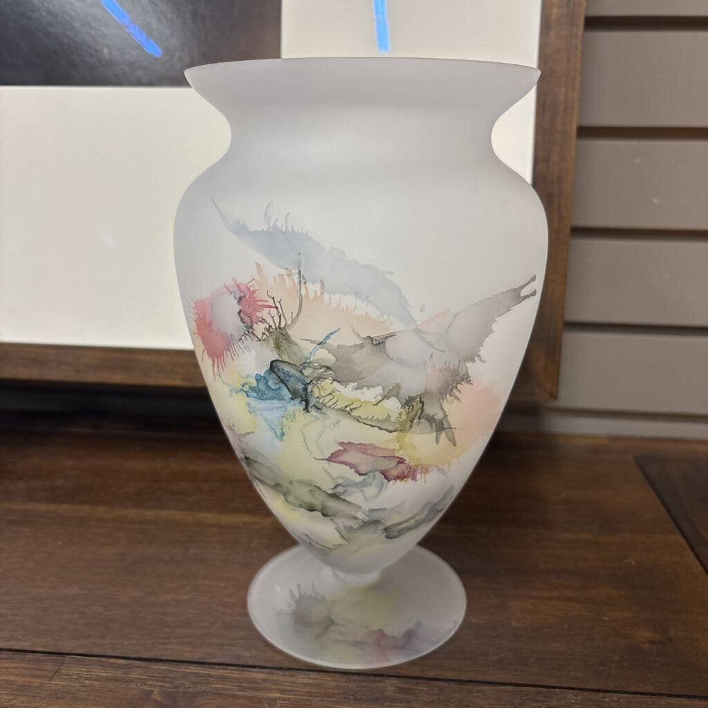 Frosted White Opaline Glass Vase w Abstract Design