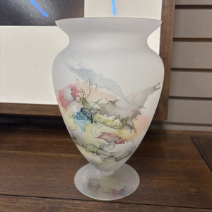 Frosted White Opaline Glass Vase w Abstract Design