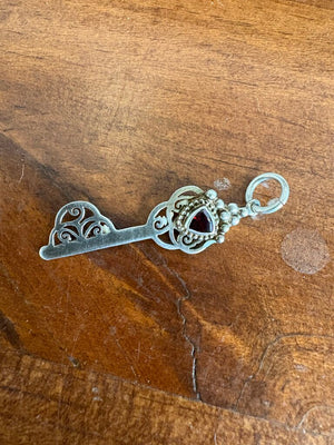 Sterling Key Shaped Pendant w Garnet - Nepal