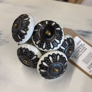 Set of 6 Vintage Style White & Dark Brown Ceramic Drawer Knobs