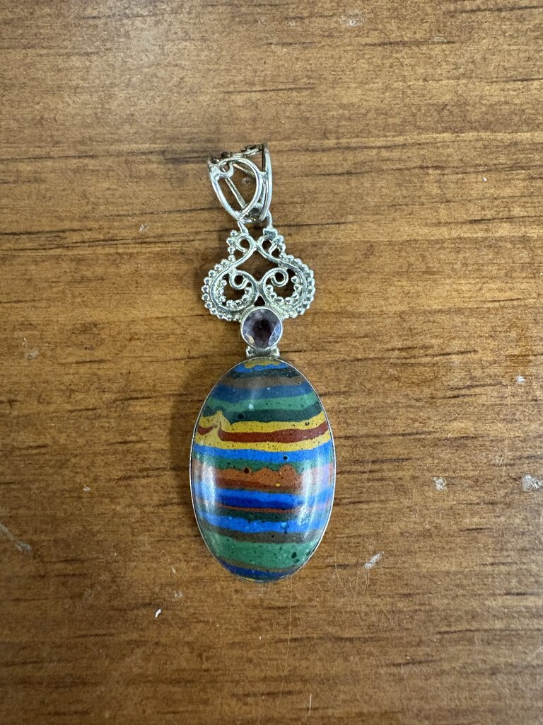 Sterling Silver Pendant w Striped Stone & Amethyst