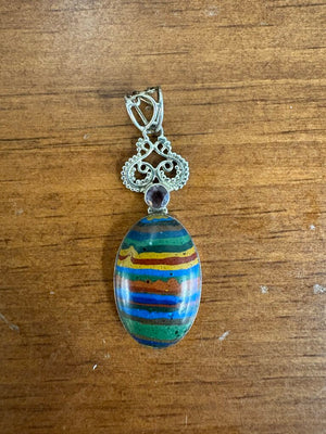 Sterling Silver Pendant w Striped Stone & Amethyst