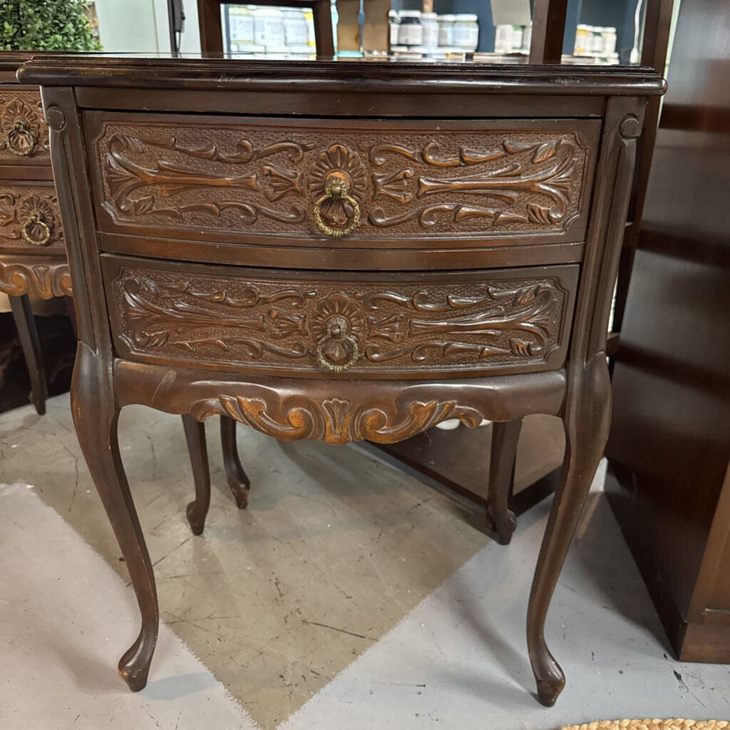 Antique Side Table w Carved Front, 2 Drawers