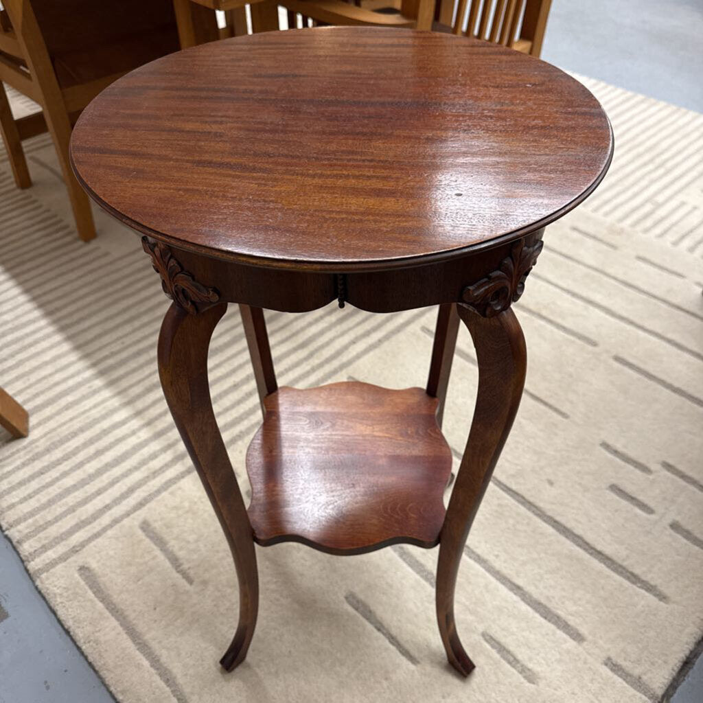Carved Cherry Stained Round Side Foyer Table w Carved Accents