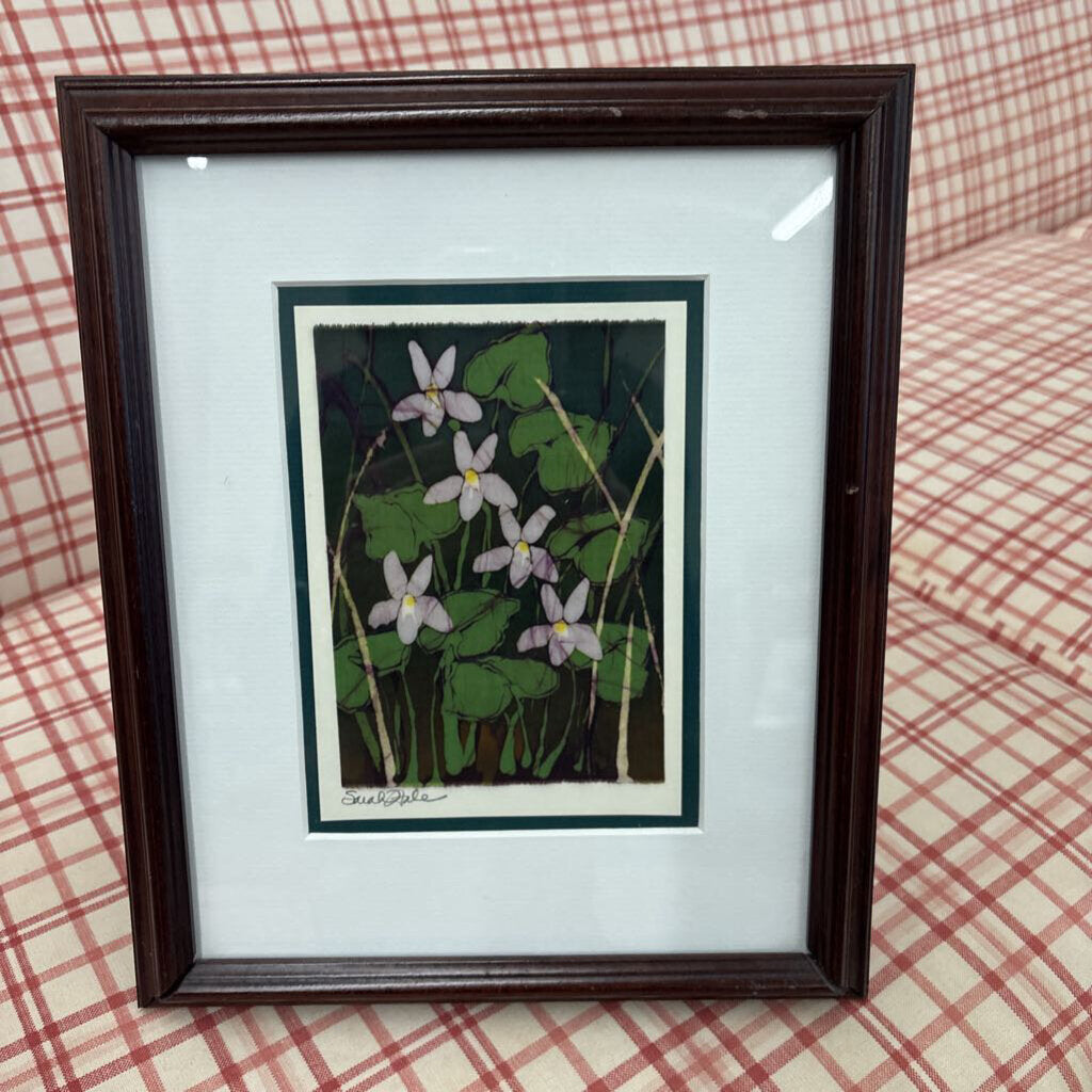Batik - Purple Flowers on Silk, Wood Frame by Sarah HALE