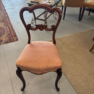 Victorian Carved Walnut Balloon Back Side Chair w Upholstered Seat