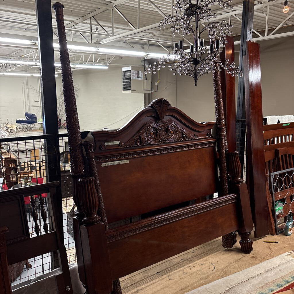KING Cherry, Carved 4 Poster Bed Frame - HB FB Rails Wide Slats