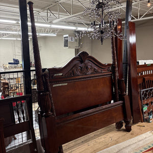KING Cherry, Carved 4 Poster Bed Frame - HB FB Rails Wide Slats