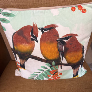 Decorative Pillow w Cedar Waxwings in Cherry Tree - 100% Cotton