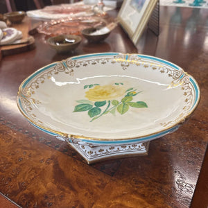 Vintage Porcelain Pedestal Cake Dish w Yellow Rose