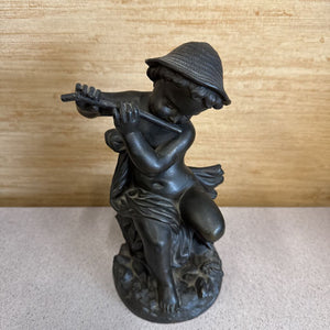 Vintage Cast Iron Cherub w Flute Figurine