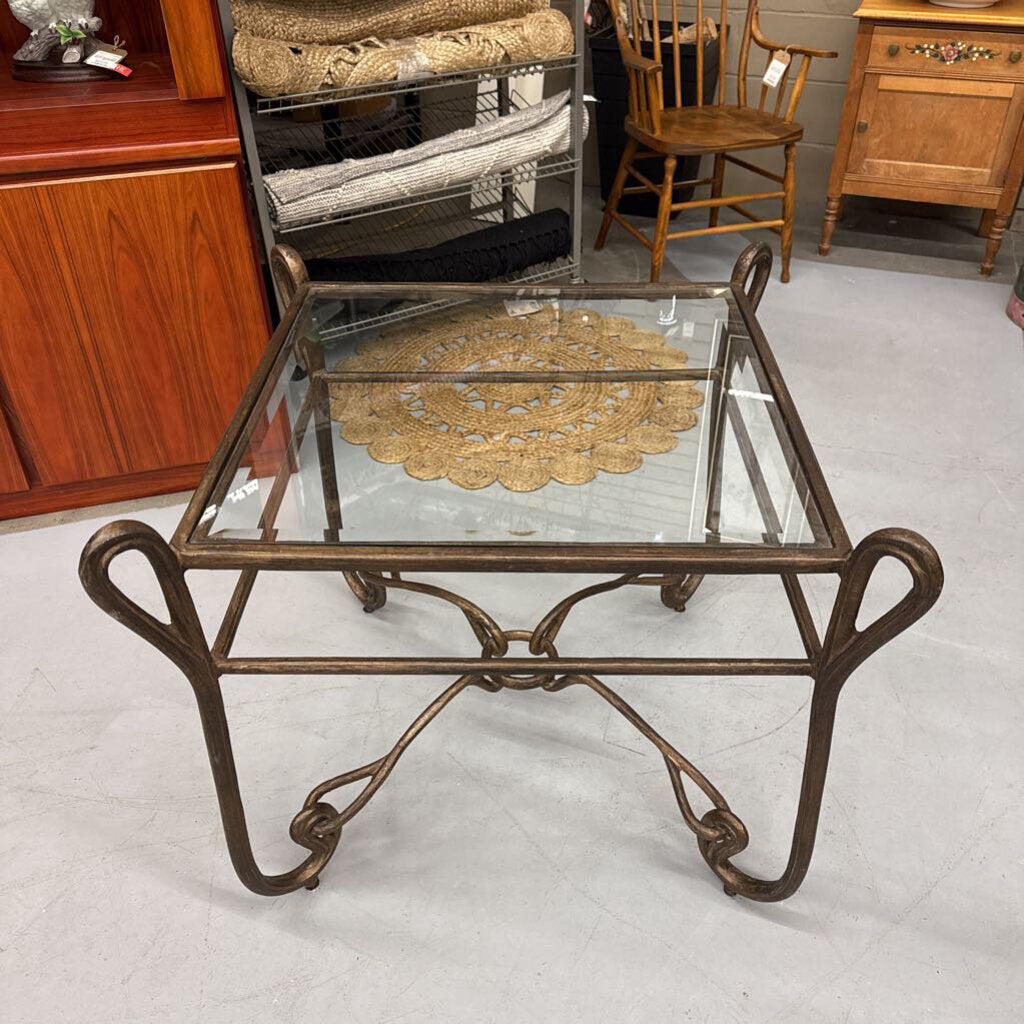 Metal Square Bevelled Glass Table w Bronze Finish