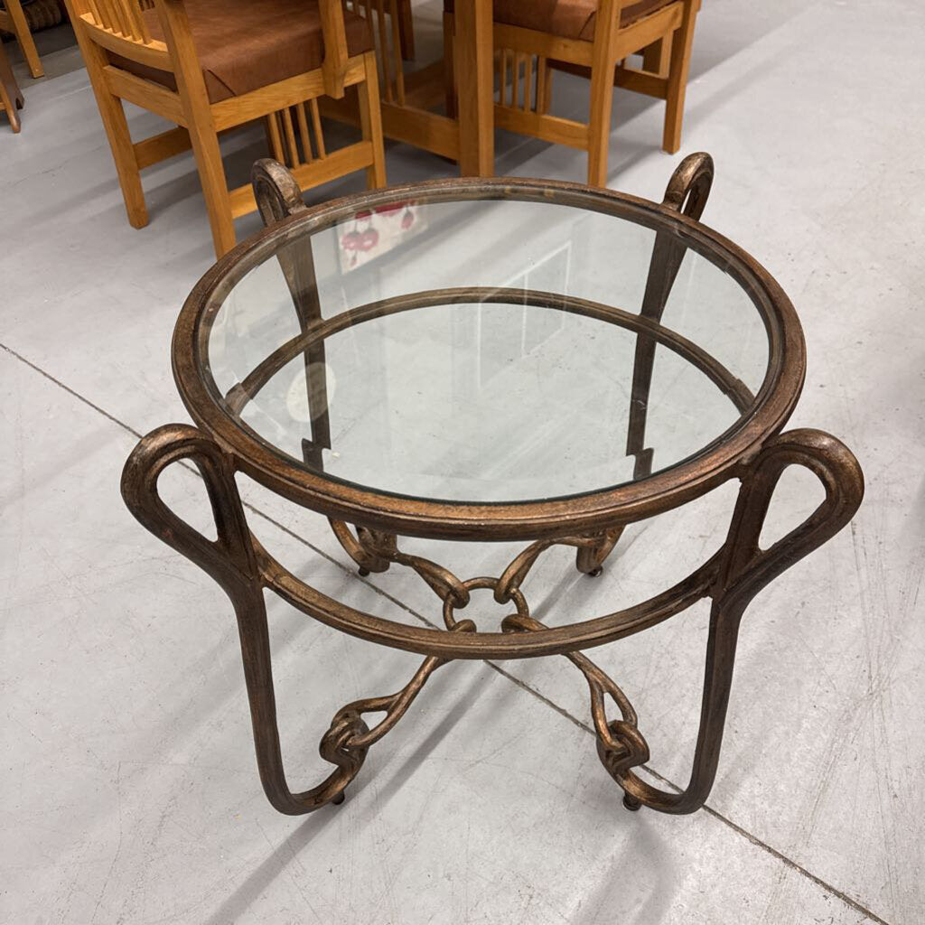 Round Metal Bevelled Glass Table w Bronze Finish