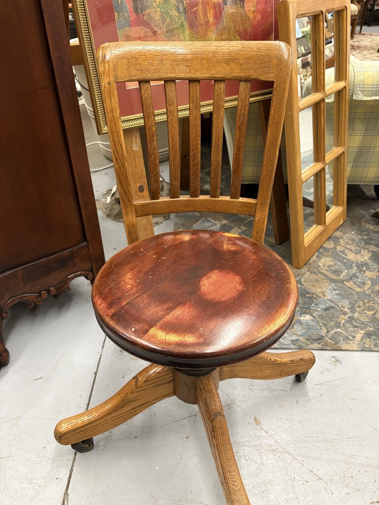 Antique Oak Round Tilt Seat Banker's Chair on Castors